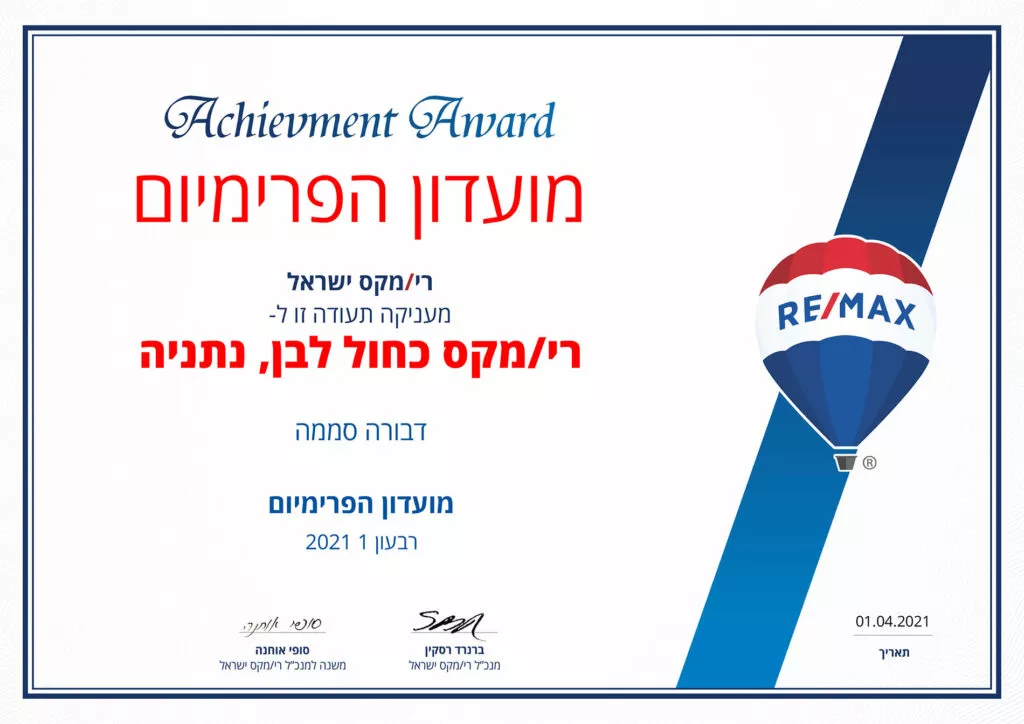תעודת מועדון הפרימיום · רבעון 1 · 2021 לרי/מקס כחול לבן נתניה