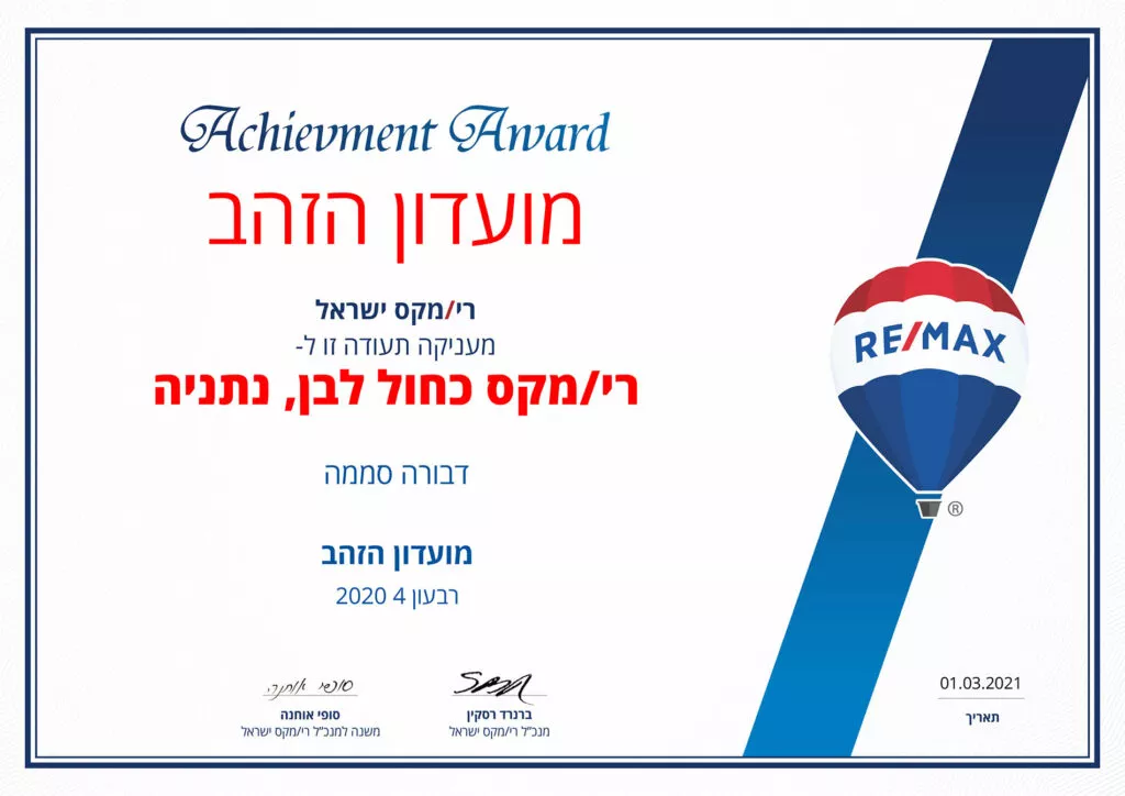 תעודת תעודת הצטיינות · רי/מקס ישראל לרי/מקס כחול לבן נתניה